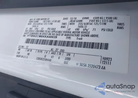 2019 Ford Transit-350 из США, поврежденный, VIN 1FTBW2CM6KKA40639